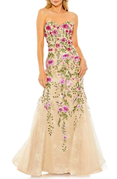 Mac Duggal Floral Embroidered Strapless Mermaid Gown In Pink Multi