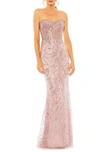 Mac Duggal Strapless Embellished Sequin Column Gown In Blush