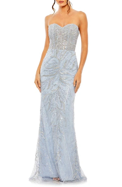 Mac Duggal Strapless Embellished Sequin Column Gown In Powder Blue