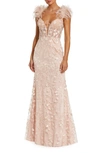 Mac Duggal Feather Strap Floral Appliqué Trumpet Gown In Peach