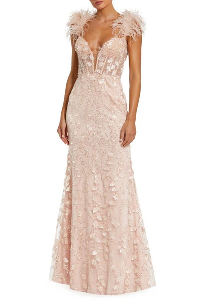 Mac Duggal Feather Strap Floral Appliqué Trumpet Gown In Peach