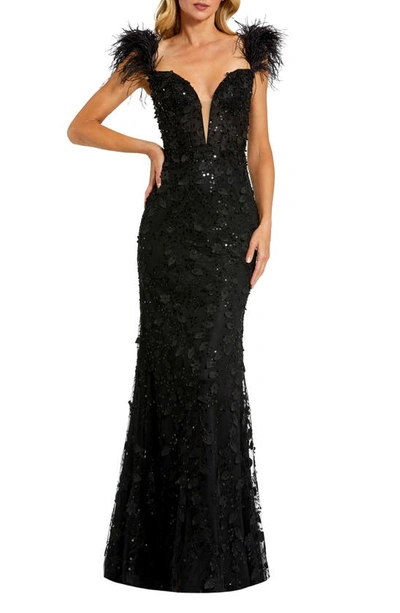 Mac Duggal Feather Straps Sheer Applique Bustier Gown In Black