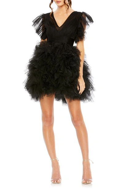 Mac Duggal Tiered Ruffle Tulle Cocktail Minidress In Black