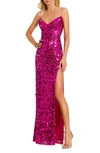 Mac Duggal Embellished Spaghetti Strap V Neck Gown With Slit In Hot Pink