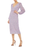 Mac Duggal Sequin Faux Wrap V Neckline Cocktail Dress With Puff-shoulder Sleeves In Lavender
