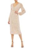 Mac Duggal Sequin Surplice Faux Wrap V Neck Blouson Sleeve Dress In Beige