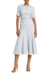 Mac Duggal Embellished Illusion Flounce Sleeve Tea Length Dress In Blue Multi