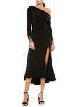 Mac Duggal Asymmetrical Long Sleeve Jewel Cuff Midi Dress In Black