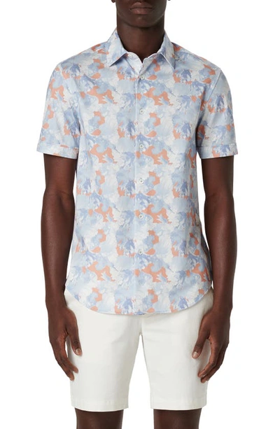 Bugatchi Miles Ooohcotton® Short Sleeve Button-up Shirt In Blue/ Coral