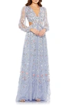 Mac Duggal Long Sleeve Embellished Cut Out A-line Gown In Periwinkle