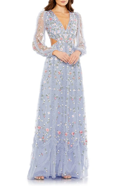 Mac Duggal Long Blouson Sleeve Floral Embroidery Cut Out A-line Gown In Blue
