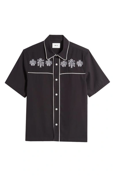 Nn07 Jan 5719 Embroidered Short Sleeve Button-up Shirt In Black