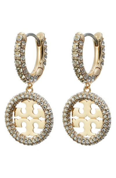 Tory Burch Miller Pavé Crystal Logo Drop Huggie Hoop Earrings In Gold