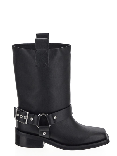 Ganni Buckle-strap Leather Biker Boots In Black