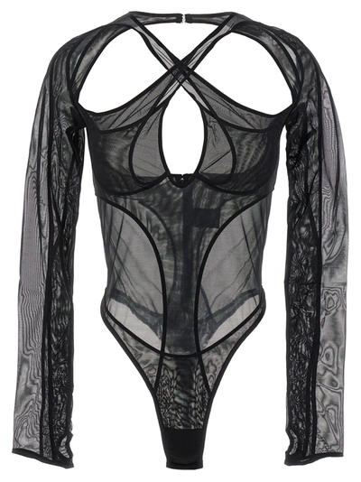 Mugler Criss-crossed Multi-layer Bodysuit In Black