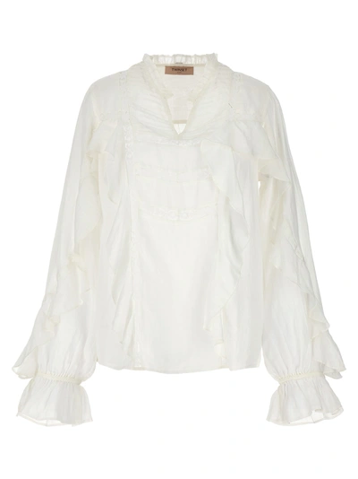 Twinset Embroidery Ruffle Blouse In White