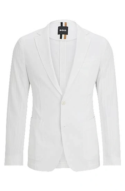 Hugo Boss Slim-fit Jacket In Cotton-blend Seersucker In White