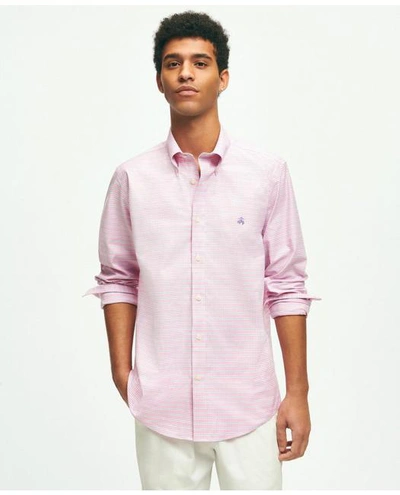Brooks Brothers Stretch Cotton Non-iron Oxford Polo Button Down Collar, Checked Shirt | Pink | Size Medium