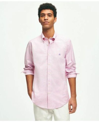 Brooks Brothers Stretch Cotton Non-iron Oxford Polo Button Down Collar, Checked Shirt In Pink