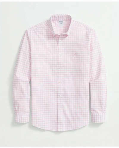 Brooks Brothers Stretch Cotton Non-iron Oxford Polo Button Down Collar, Windowpane Shirt | Pink | Size Xl