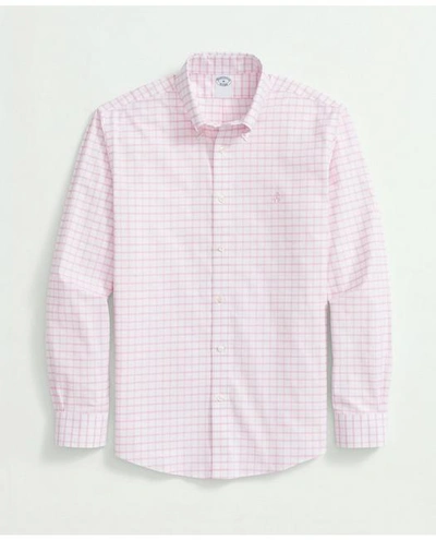 Brooks Brothers Big & Tall Stretch Cotton Non-iron Oxford Polo Button Down Collar, Windowpane Shirt In Pink