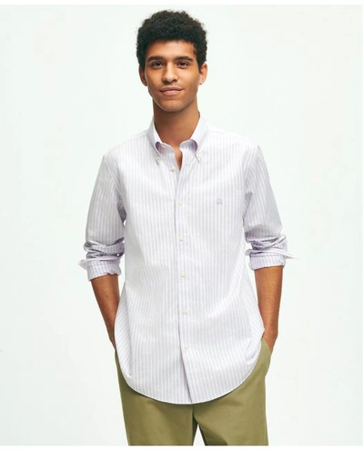 Brooks Brothers Stretch Cotton Non-iron Oxford Polo Button Down Collar, Striped Shirt | Lavender | Size Xs