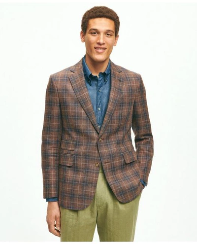 Brooks Brothers Slim Fit Plaid Hopsack Sport Coat In Linen-wool Blend | Brown | Size 40 Regular