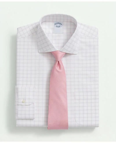 Brooks Brothers Stretch Supima Cotton Non-iron Royal Oxford English Spread Collar, Windowpane Dress Shirt | Pink | S