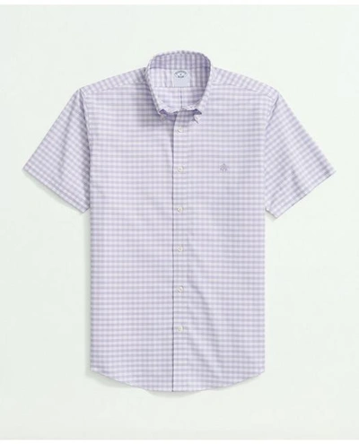 Brooks Brothers Stretch Cotton Non-iron Oxford Polo Button Down Collar, Gingham Short-sleeve Shirt | Lavender | Size