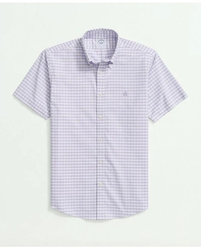 Brooks Brothers Stretch Cotton Non-iron Oxford Polo Button Down Collar, Gingham Short-sleeve Shirt In Lavender