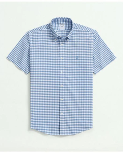 Brooks Brothers Stretch Cotton Non-iron Oxford Polo Button Down Collar, Gingham Short-sleeve Shirt In Blue