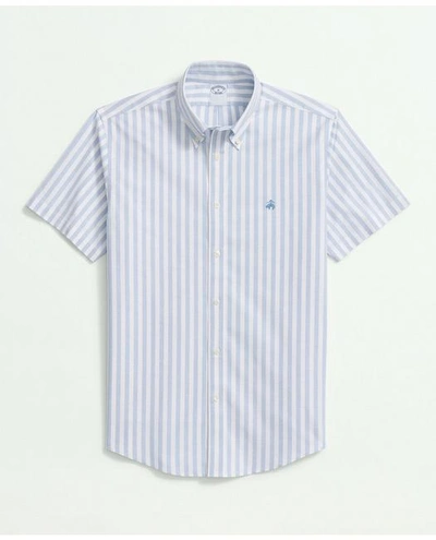 Brooks Brothers Stretch Cotton Non-iron Oxford Polo Button Down Collar, Striped Short-sleeve Shirt | Blue | Size Lar