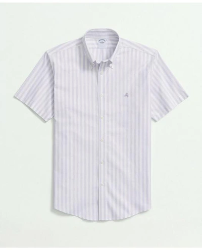 Brooks Brothers Stretch Cotton Non-iron Oxford Polo Button Down Collar, Striped Short-sleeve Shirt | Lavender | Size