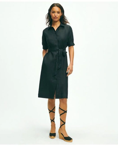 Brooks Brothers Puff Sleeve Belted Shirt Dress In Linen | Black | Size 6