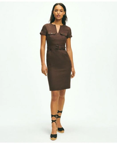 Brooks Brothers Utility Belted Sheath Dress In Linen | Dark Brown | Size 2