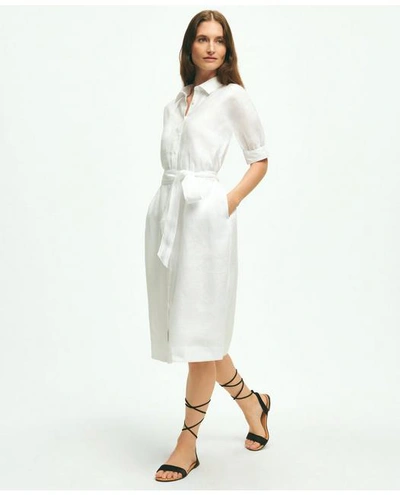 Brooks Brothers Puff Sleeve Belted Shirt Dress In Linen | White | Size 4