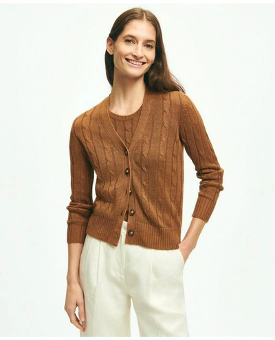 Brooks Brothers Cable Knit Cardigan In Linen Sweater | Medium Brown