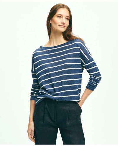 Brooks Brothers Mariner Stripe Boat Neck Sweater In Linen | Navy/white | Size Small In Navy,white