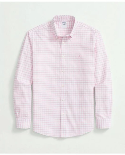 Brooks Brothers Big & Tall Stretch Cotton Non-iron Oxford Polo Button Down Collar, Windowpane Shirt | Pink | Size 4x