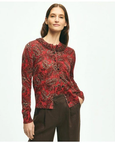 Brooks Brothers Paisley Beaded Cardigan In Supima Cotton Sweater | Red | Size Small