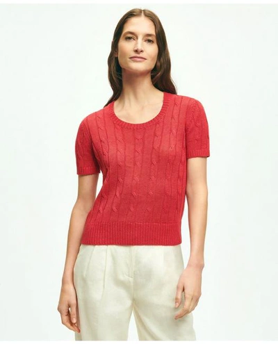 Brooks Brothers Cable Knit Short-sleeve Top In Linen Sweater | Medium Red | Size Xs