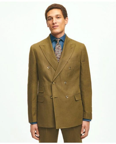 Brooks Brothers Slim Fit Linen Herringbone Double-breasted Suit Jacket | Dark Olive | Size 38 Regular
