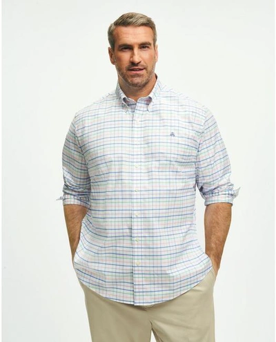 Brooks Brothers Big & Tall Stretch Cotton Non-iron Oxford Polo Button Down Collar, Multi Windowpane Shirt | Pink | S