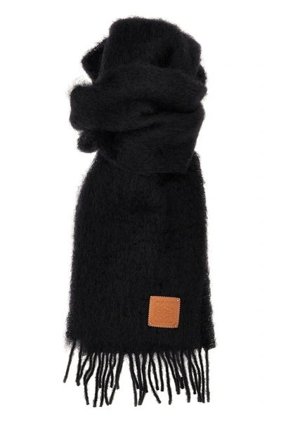 Loewe Fringed Leather-trimmed Mohair-blend Scarf In Black