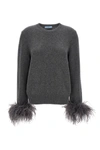 Prada Feather-trimmed Cashmere Crew-neck Sweater In Gray