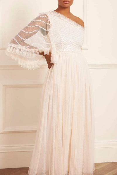Needle & Thread Shimmer Wave Gloss Bodice One-shoulder Ankle Gown In Champagne