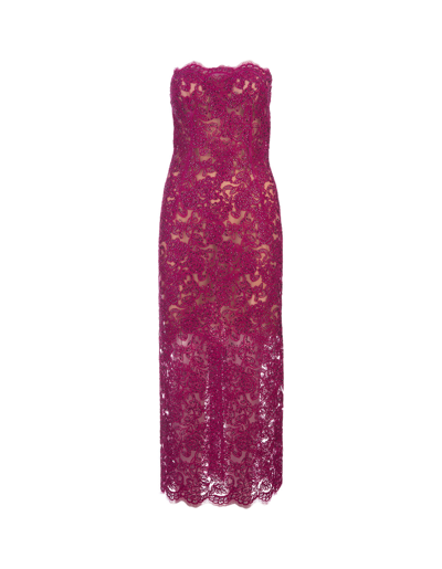 Ermanno Scervino Fuchsia Lace Longuette Dress With Micro Crystals In Pink