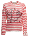 GOLDEN GOOSE WHITE AND RED STRIPED LONG SLEEVED T-SHIRT WITH PRINT WOMAN