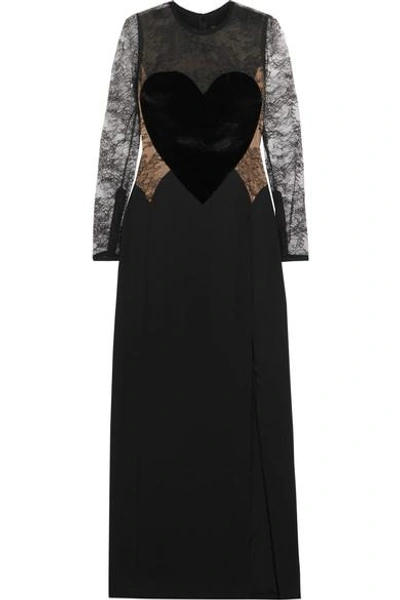 Elie Saab Heat Velvet-panelled Lace And Cady Dress In Black