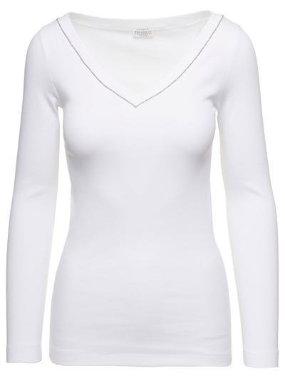Brunello Cucinelli White V-neck Cotton T-shirt In Bianco